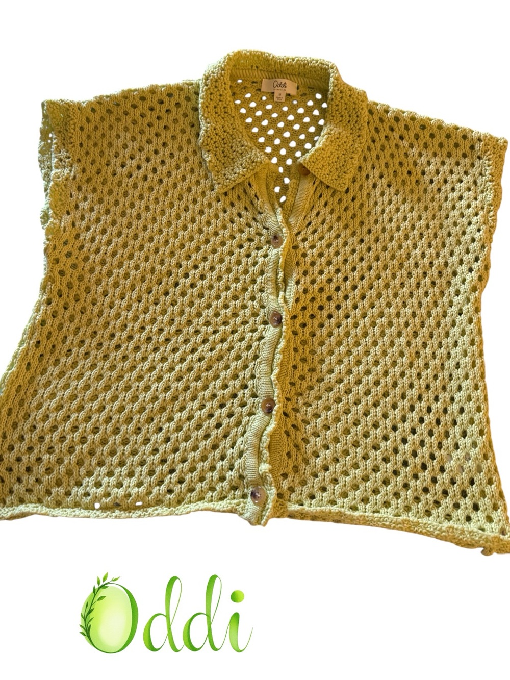 Oddi Open-Knit Button-Up Sweater in Olive Green